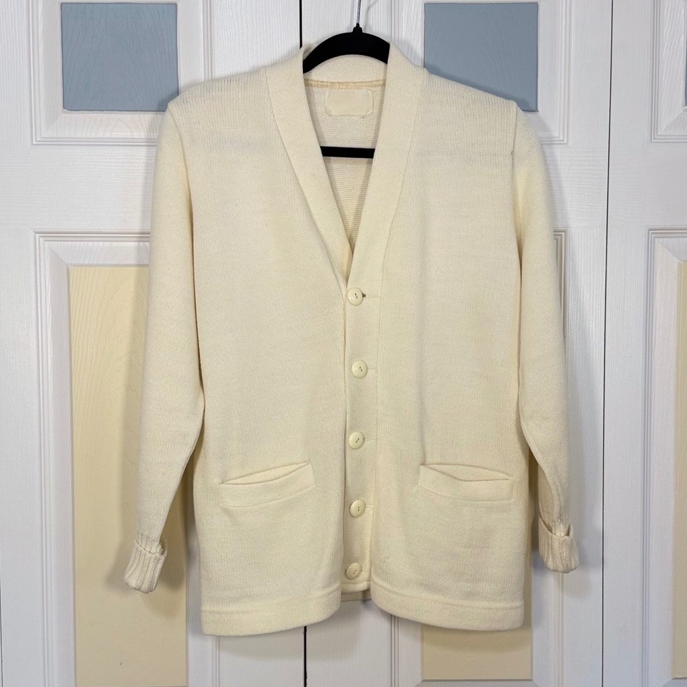 Vintage Cream Knit Shawl Collar Cardigan Button Front Sweater Off White Pockets